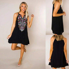 WomenBoho Floral Sleeveless Dress Bohemian Summer Holiday Party Beach Casual Short Mini Dress Sundress