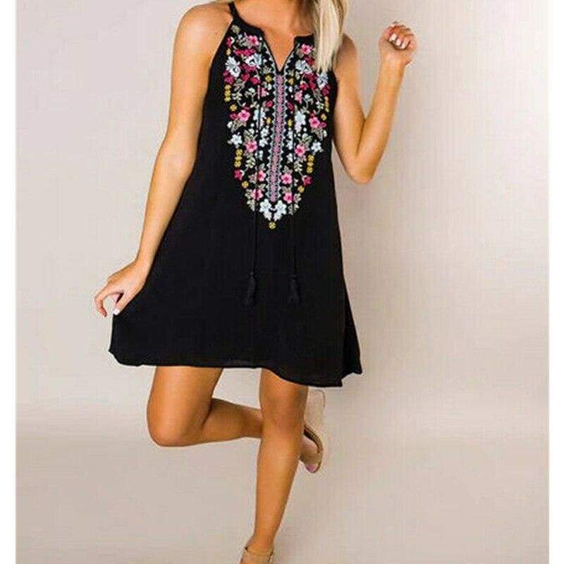WomenBoho Floral Sleeveless Dress Bohemian Summer Holiday Party Beach Casual Short Mini Dress Sundress