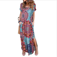 WomenBoho Pocket Long Maxi Dress Floral Cocktail Party Summer Beach Casual V Neck Split Loose Dress Sundress
