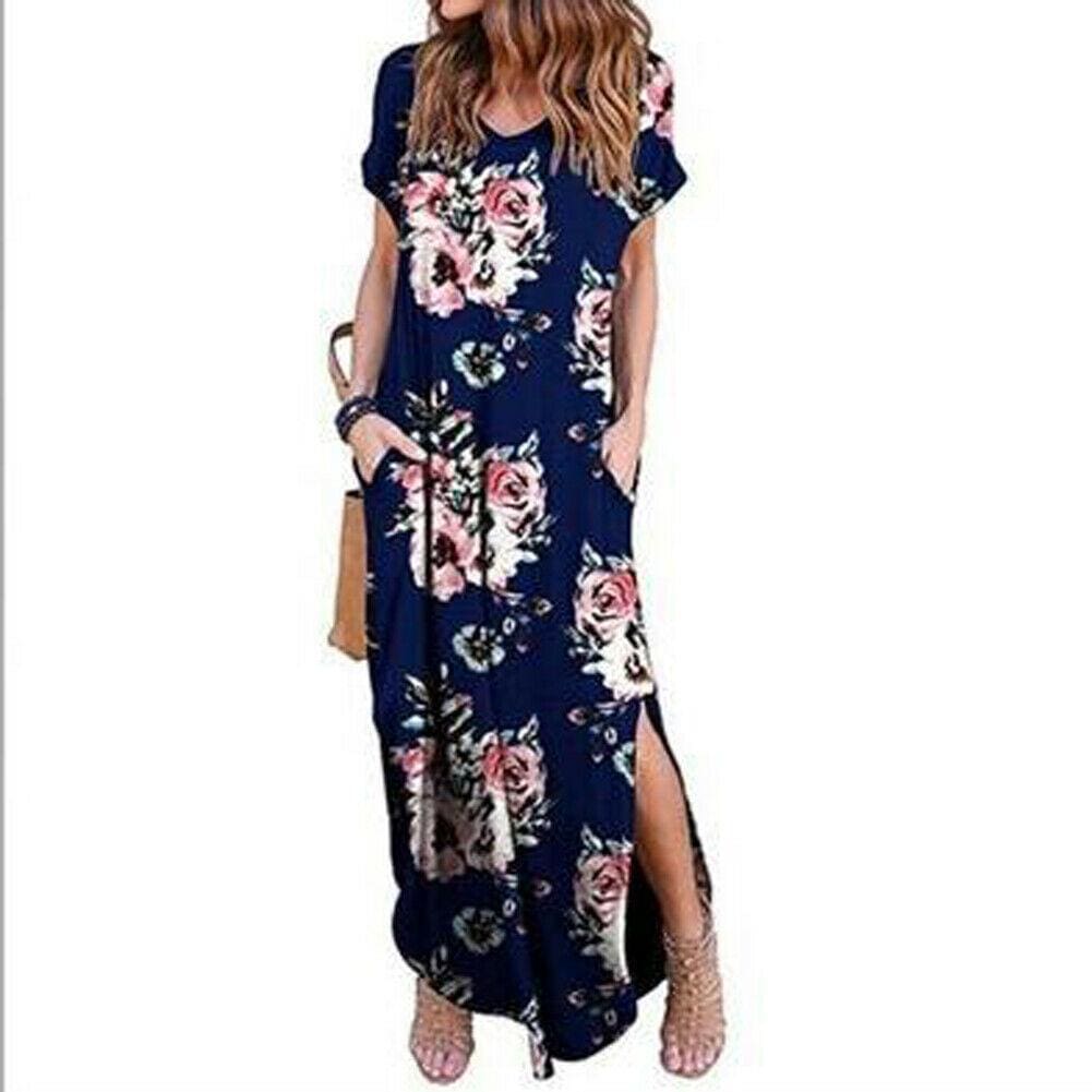 WomenBoho Pocket Long Maxi Dress Floral Cocktail Party Summer Beach Casual V Neck Split Loose Dress Sundress