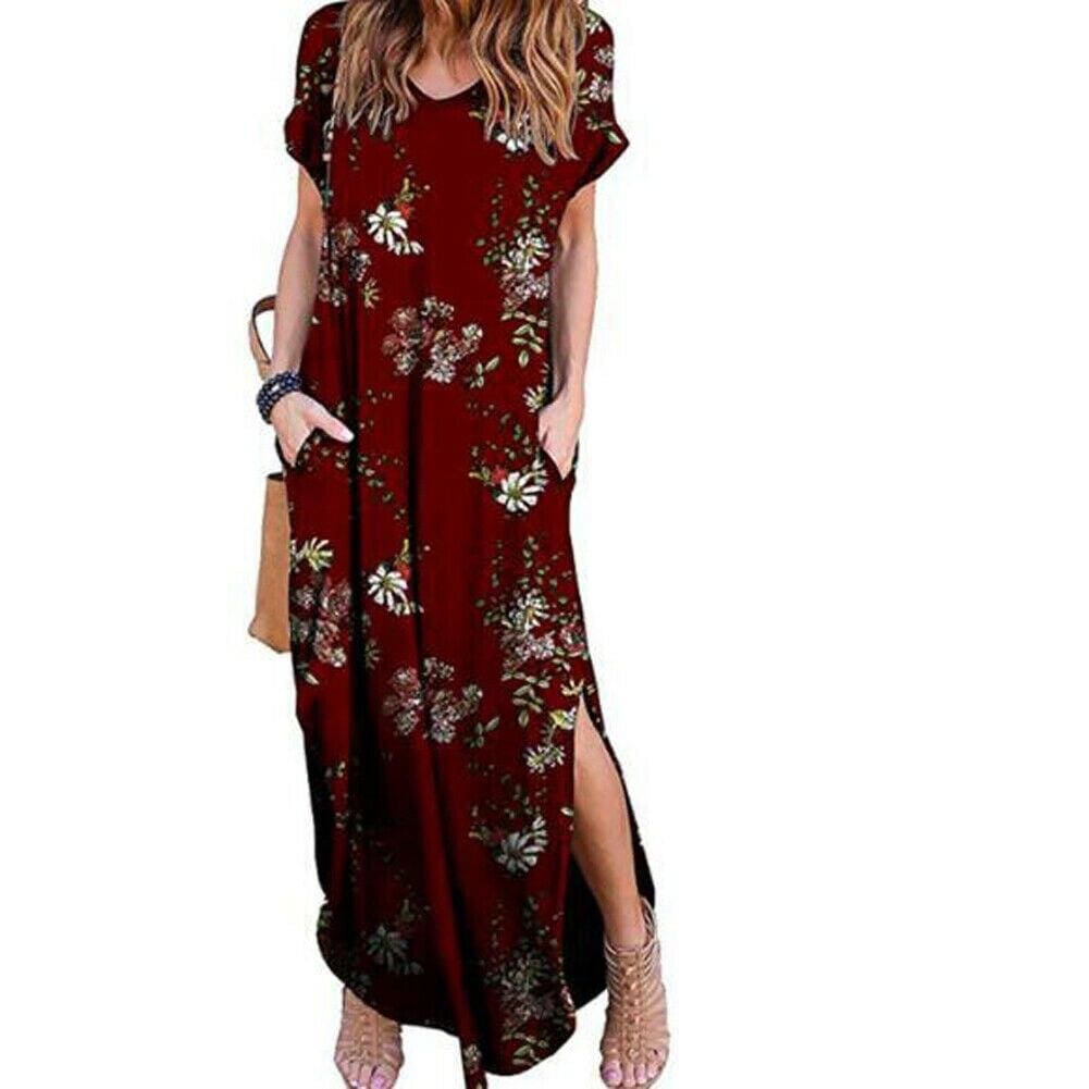 WomenBoho Pocket Long Maxi Dress Floral Cocktail Party Summer Beach Casual V Neck Split Loose Dress Sundress