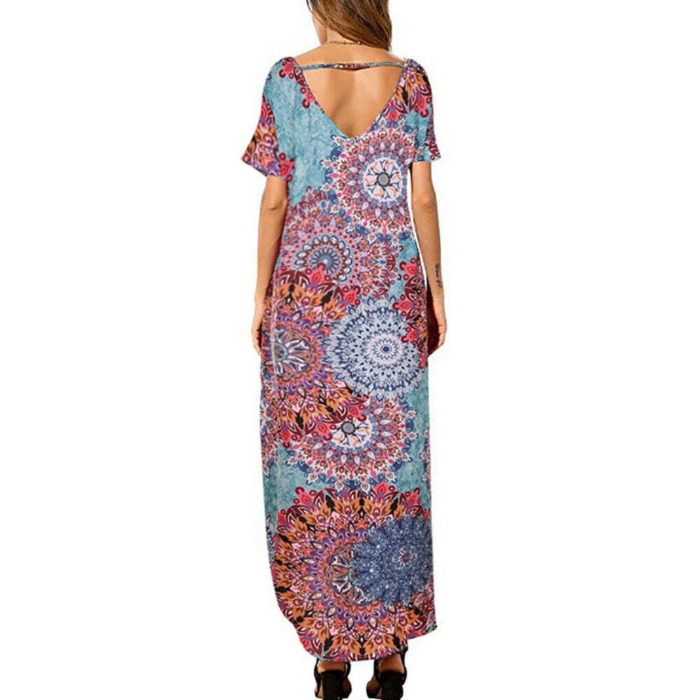 WomenBoho Pocket Long Maxi Dress Floral Cocktail Party Summer Beach Casual V Neck Split Loose Dress Sundress