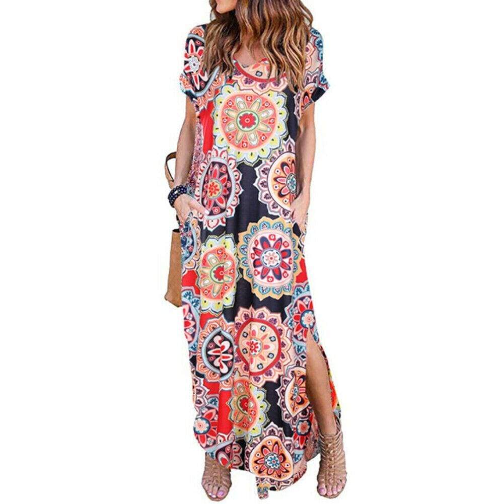 WomenBoho Pocket Long Maxi Dress Floral Cocktail Party Summer Beach Casual V Neck Split Loose Dress Sundress
