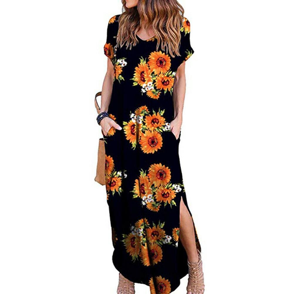 WomenBoho Pocket Long Maxi Dress Floral Cocktail Party Summer Beach Casual V Neck Split Loose Dress Sundress
