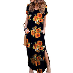 WomenBoho Pocket Long Maxi Dress Floral Cocktail Party Summer Beach Casual V Neck Split Loose Dress Sundress