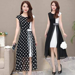 WomenChiffon Dress - Open Side Split Dot Ladies Plus Size Dress