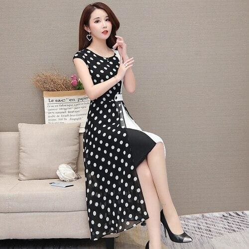 WomenChiffon Dress - Open Side Split Dot Ladies Plus Size Dress