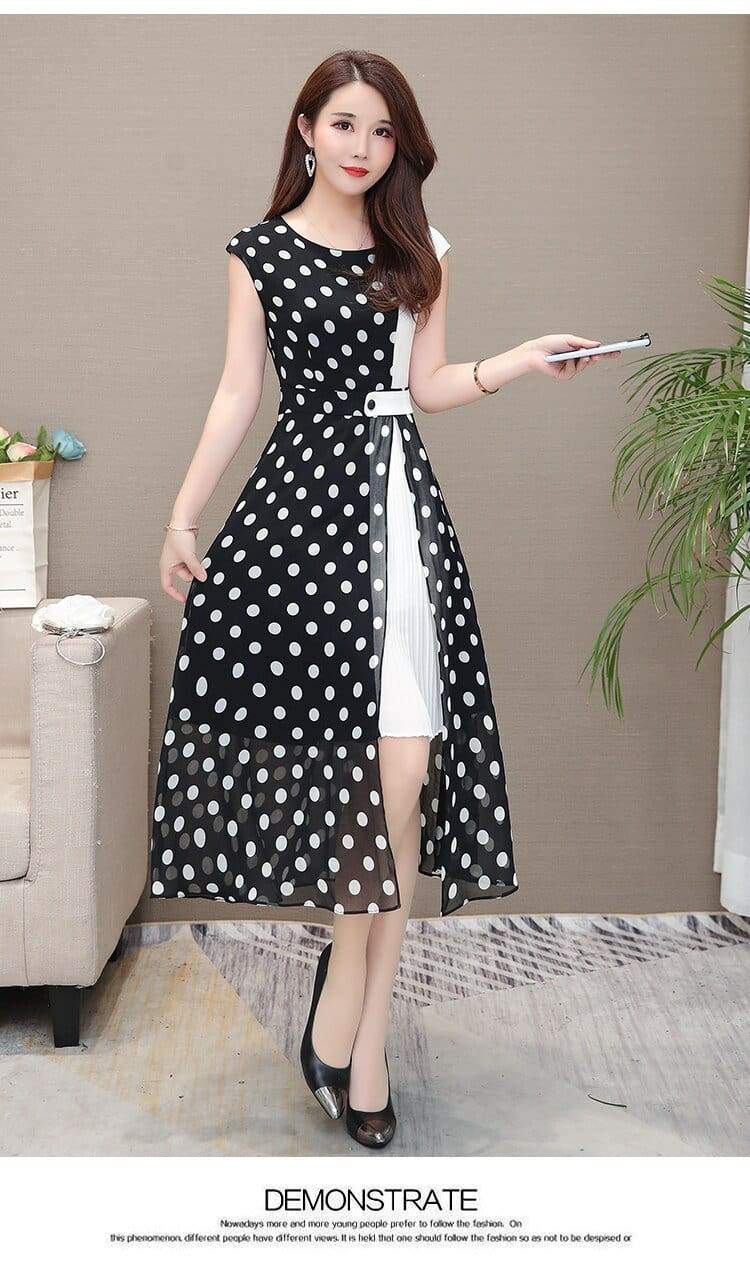 WomenChiffon Dress - Open Side Split Dot Ladies Plus Size Dress