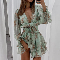 Floral Chiffon Ruffles A-Line Deep V Tied Up Dress