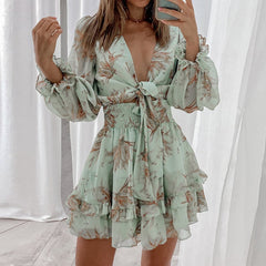 Floral Chiffon Ruffles A-Line Deep V Tied Up Dress