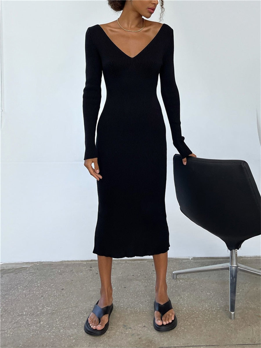 V-Neck Backless Knit Rib Wrap Midi Pencil Dress