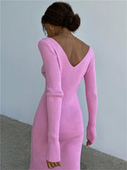 V-Neck Backless Knit Rib Wrap Midi Pencil Dress