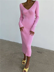 V-Neck Backless Knit Rib Wrap Midi Pencil Dress
