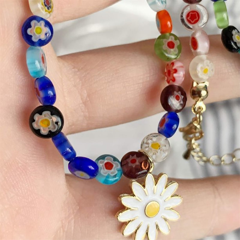 Colorful Beaded And Daisy Pendant Necklace