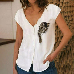 【Cotton And Linenã€?D Cat Print Casual Blouse