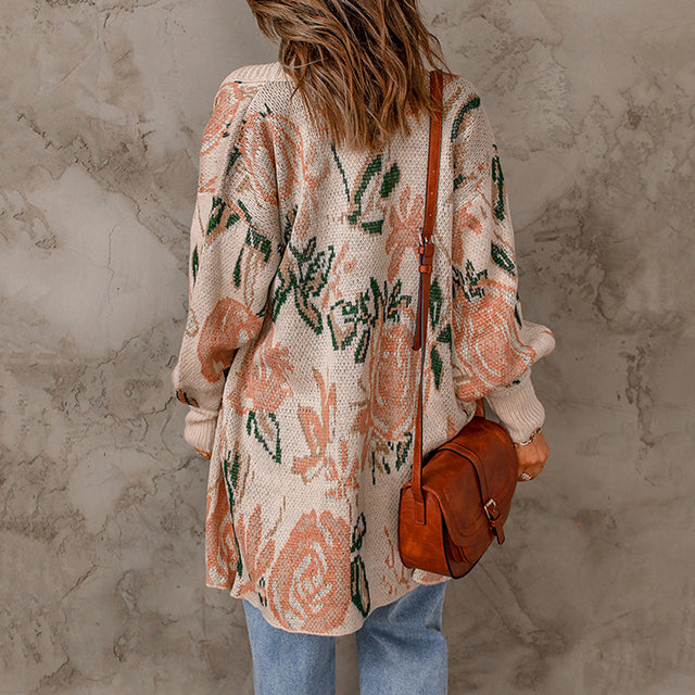 Casual Floral Print Knitted Cardigan