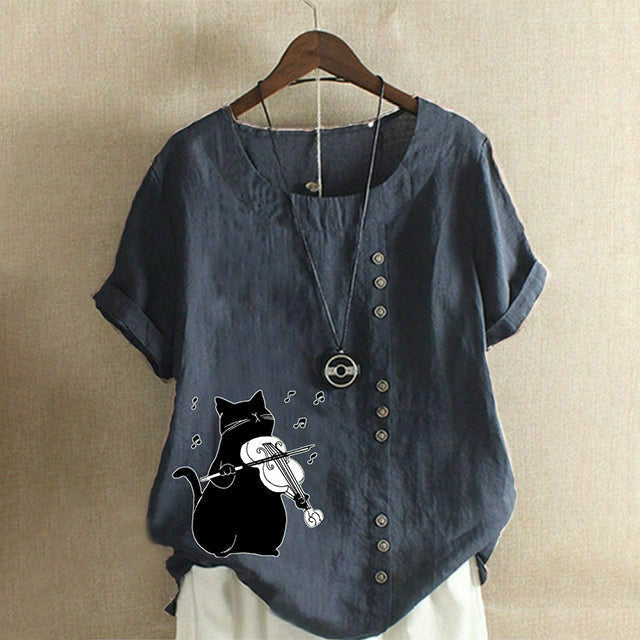 【Cotton And Linen】Cute Cat Print Blouse