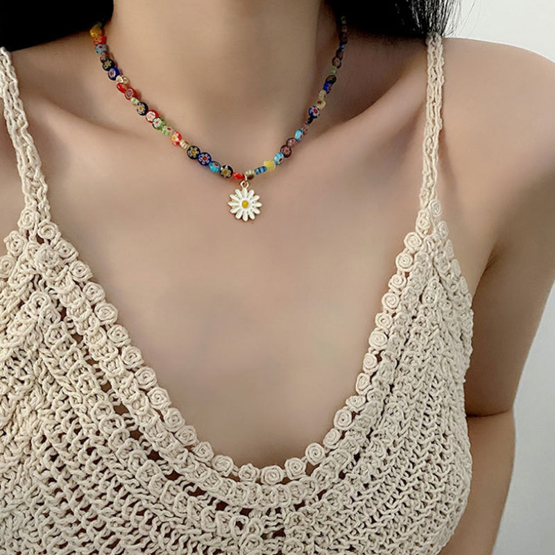 Colorful Beaded And Daisy Pendant Necklace