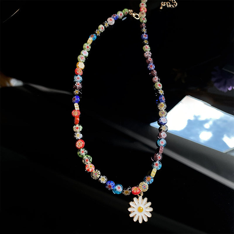 Colorful Beaded And Daisy Pendant Necklace