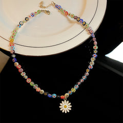 Colorful Beaded And Daisy Pendant Necklace