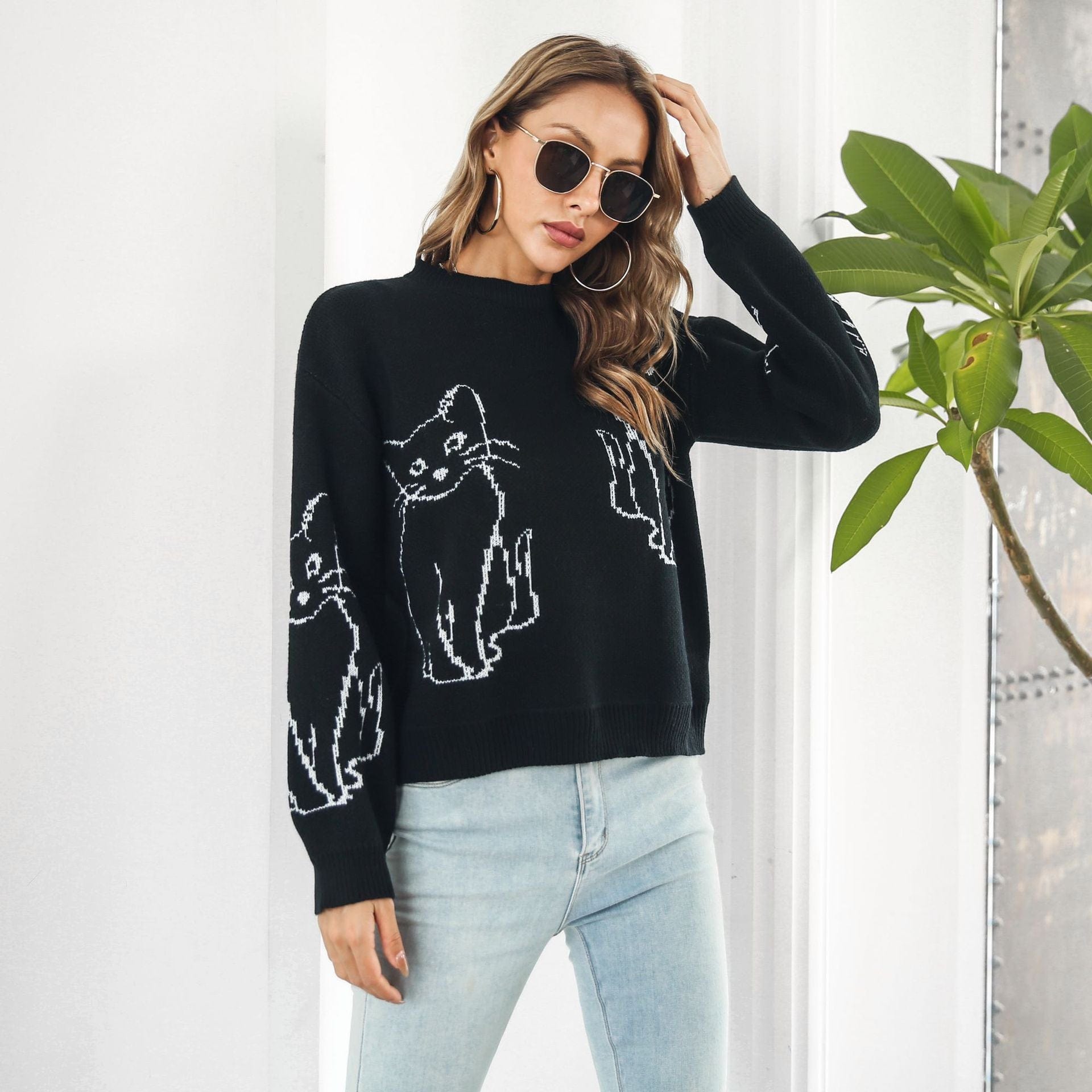 Abstract Cat Print Sweater