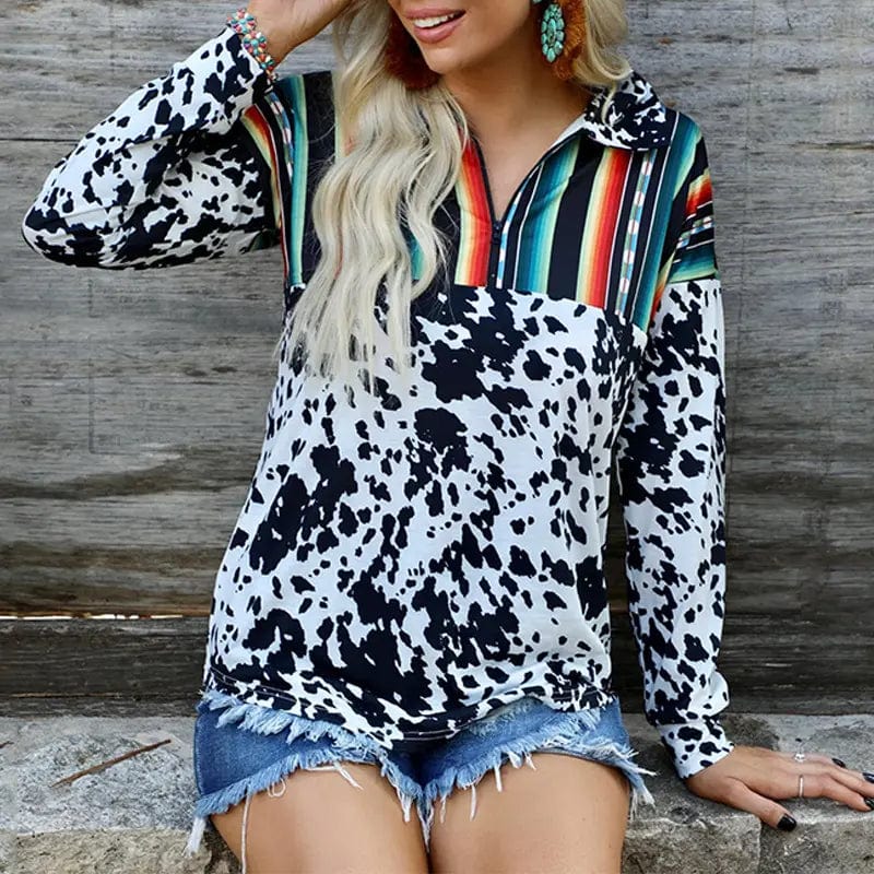 Cow Print Serape Half Zip Sweatshirt