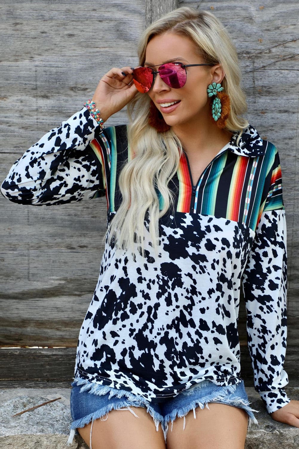 Cow Print Serape Half Zip Sweatshirt