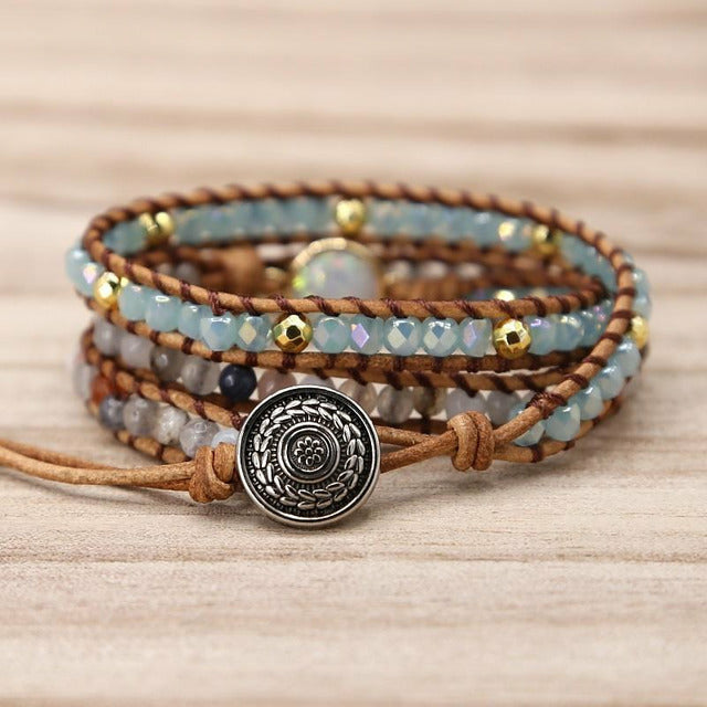 Natural Opal Stone Rhinestone Leather Wrap Bracelet