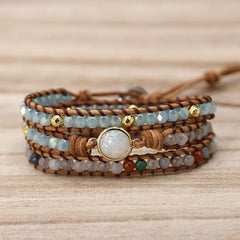 Natural Opal Stone Rhinestone Leather Wrap Bracelet