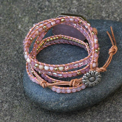 Pink Quartz Leather Wrap Bracelet