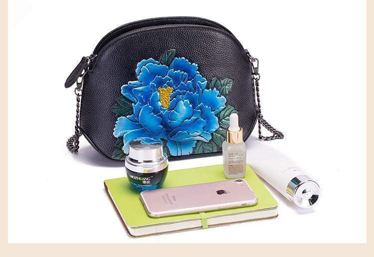 Embossed Flower Leather Crossbody Bag