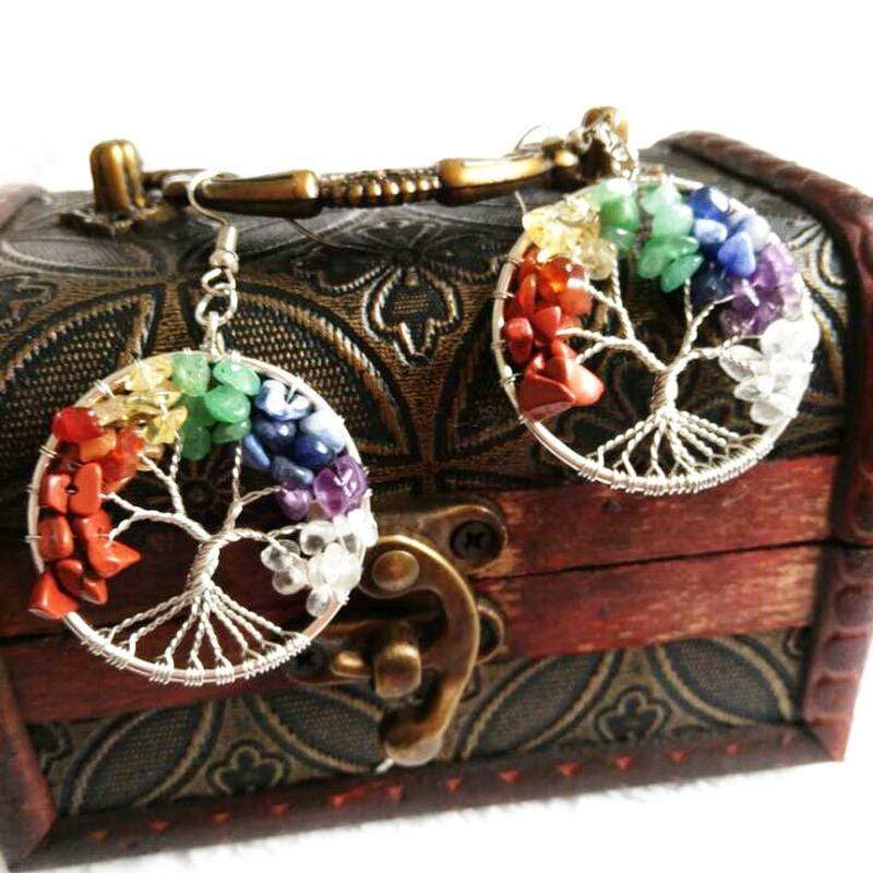 Tree of Life 7 Chakra Healing Stones Earrings