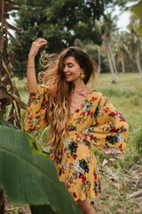 Yolanda Yellow Batwing Sleeved Mini Dress