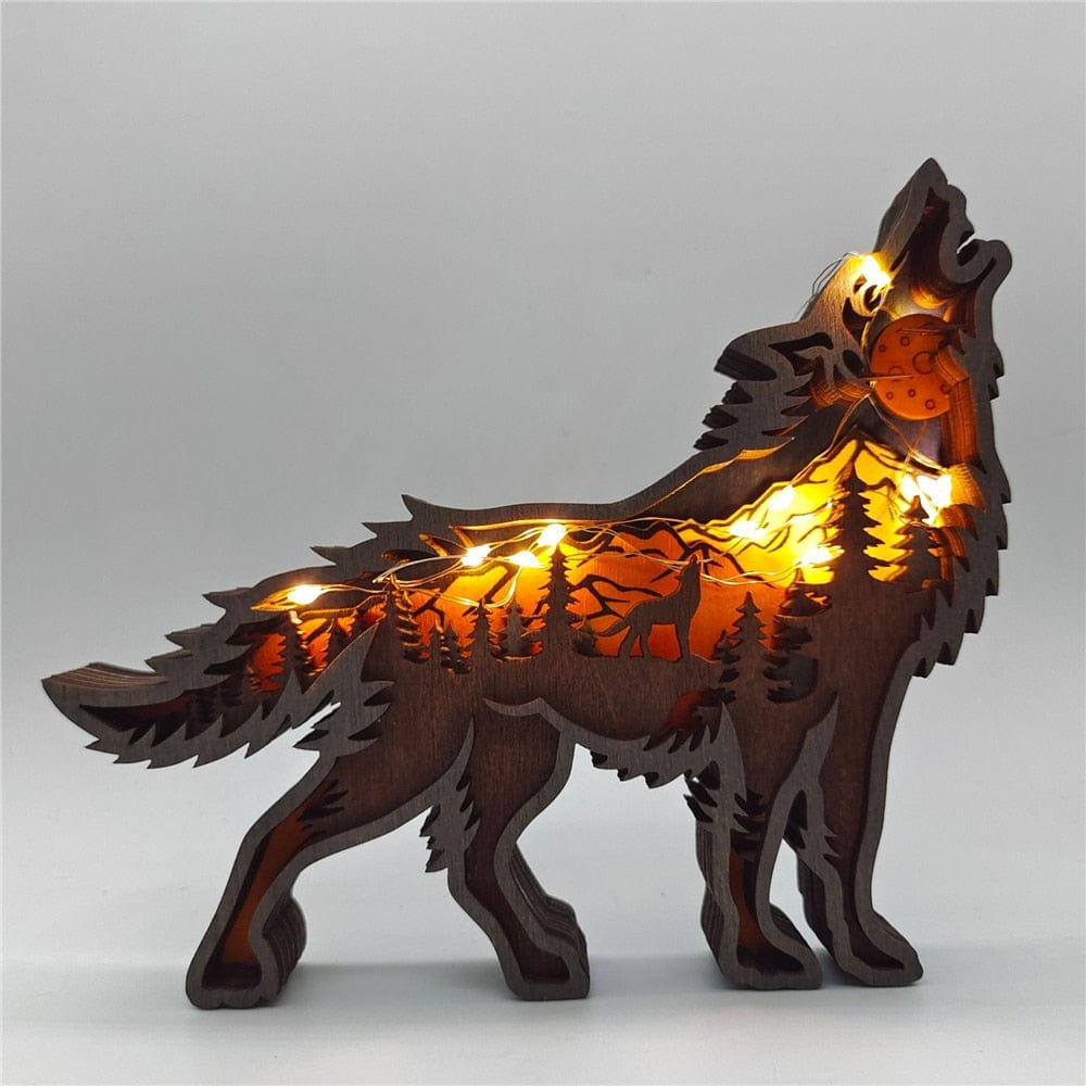 Wooden Wolf Figurine with LED Lights