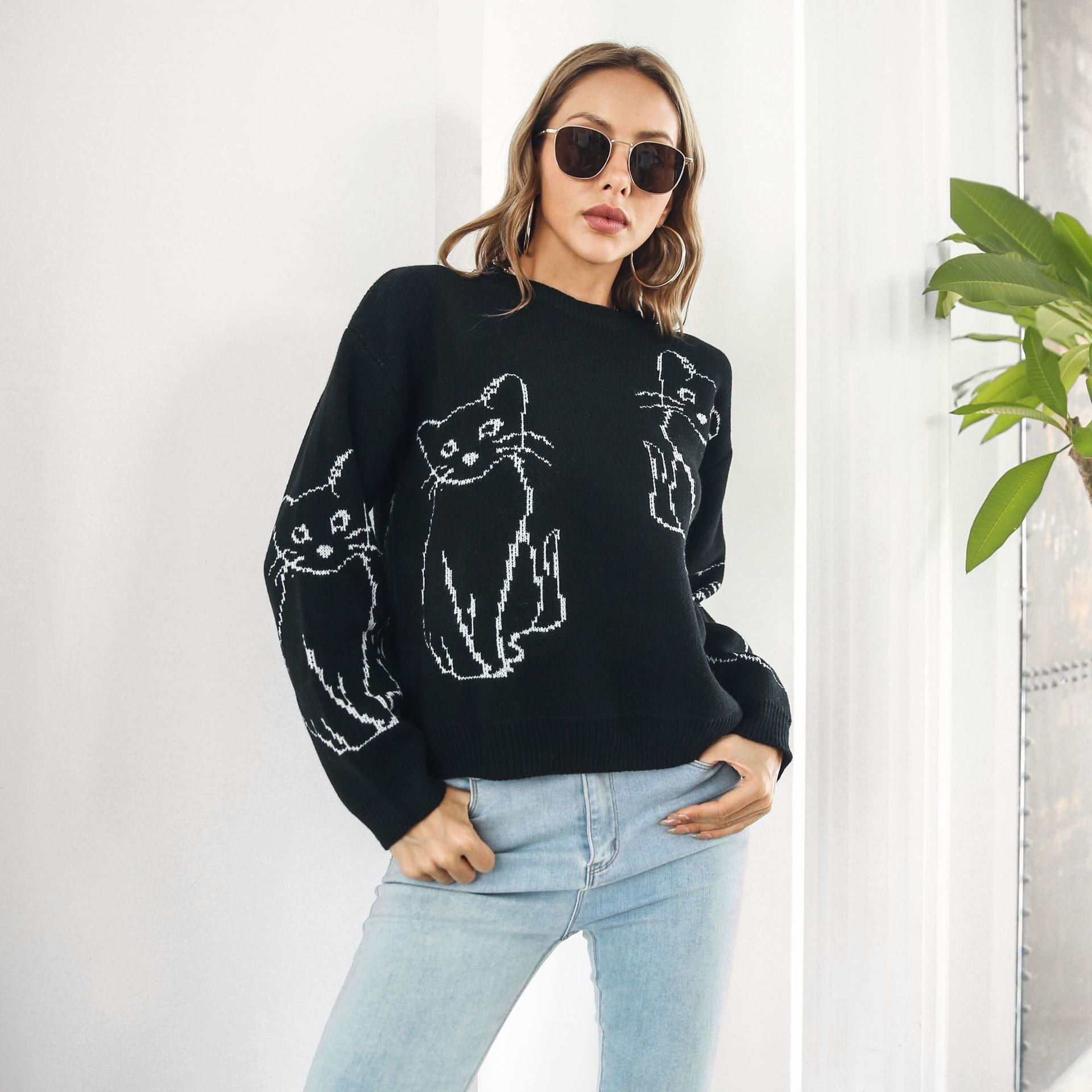 Abstract Cat Print Sweater