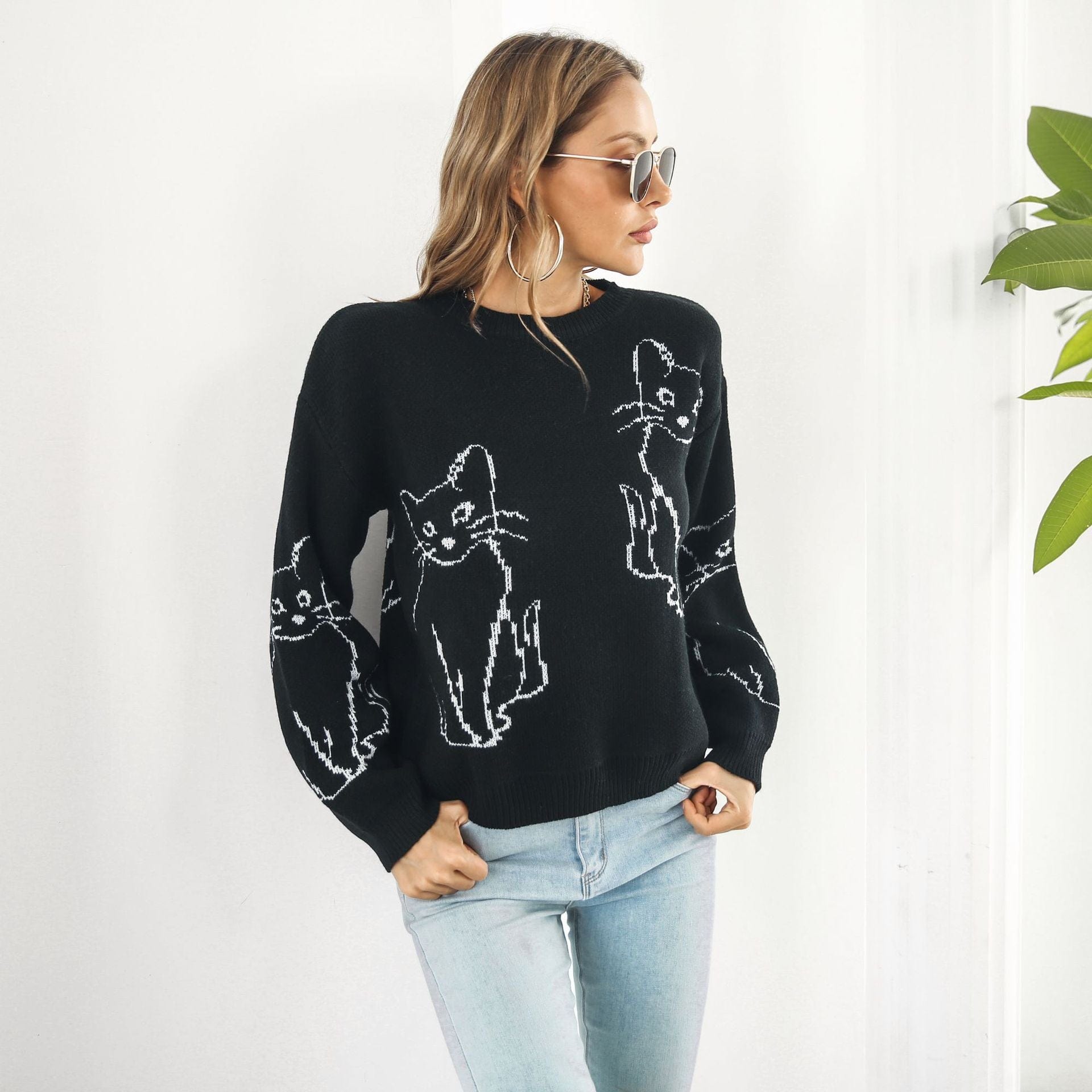 Abstract Cat Print Sweater