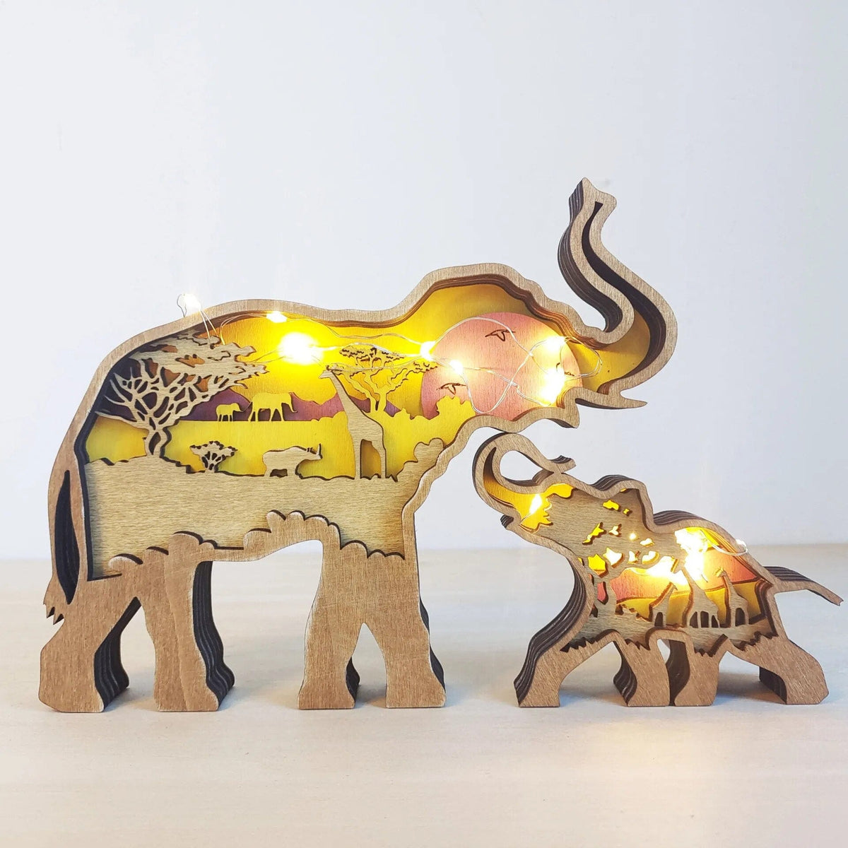 Wooden Elephant Figurine With LED Lights