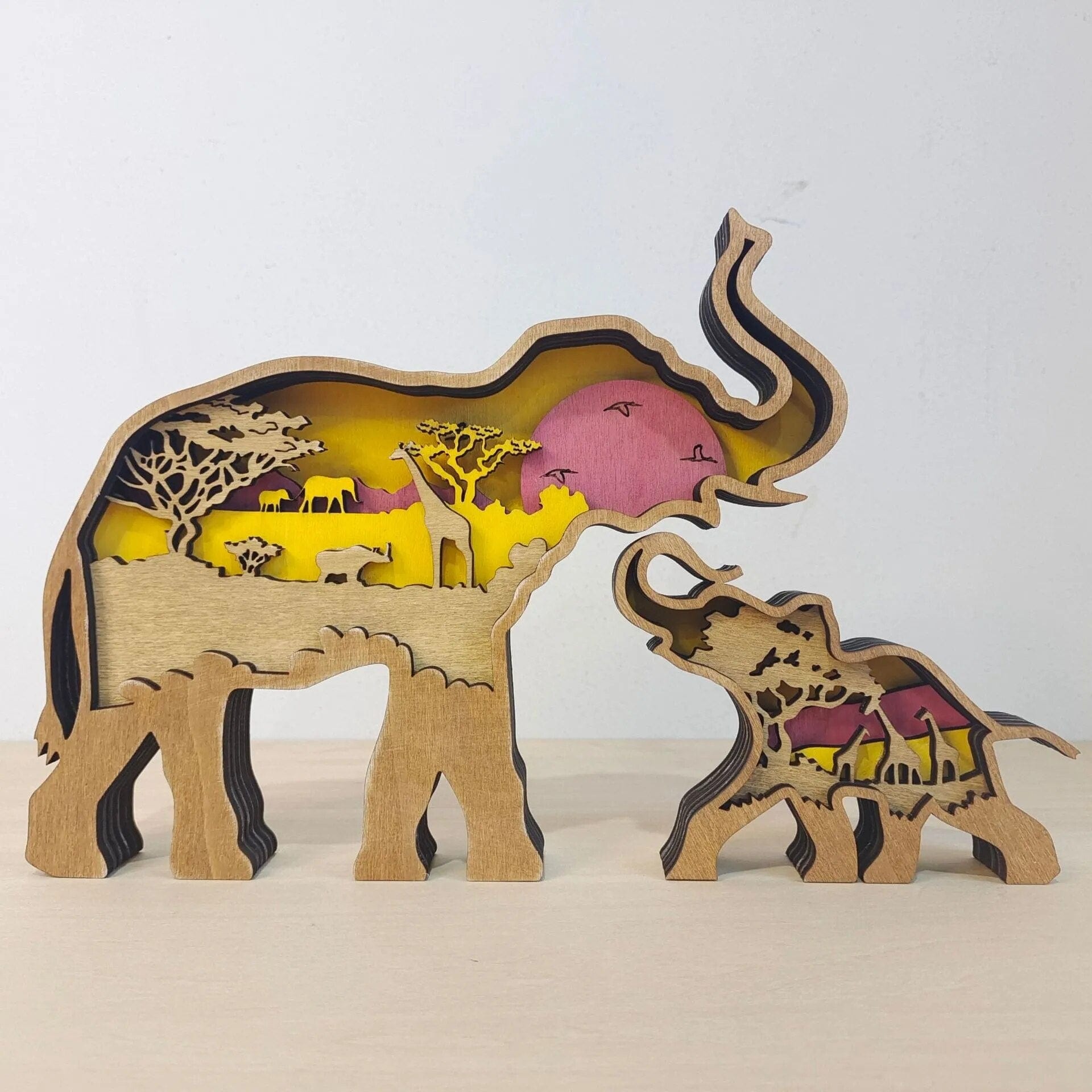 Wooden Elephant Figurine With LED Lights